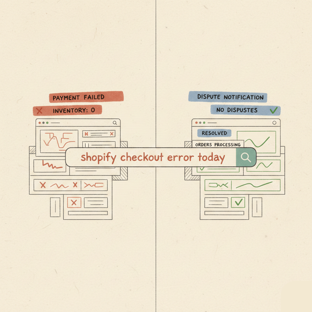 Fear-Based SEO That Understands Your Customers’ Stress Illustration comparing a chaotic digital dashboard of red errors to a resolved green one. A floating search bar centered over the scene reads "shopify checkout error today," visually representing the urgency of fear-based SEO.