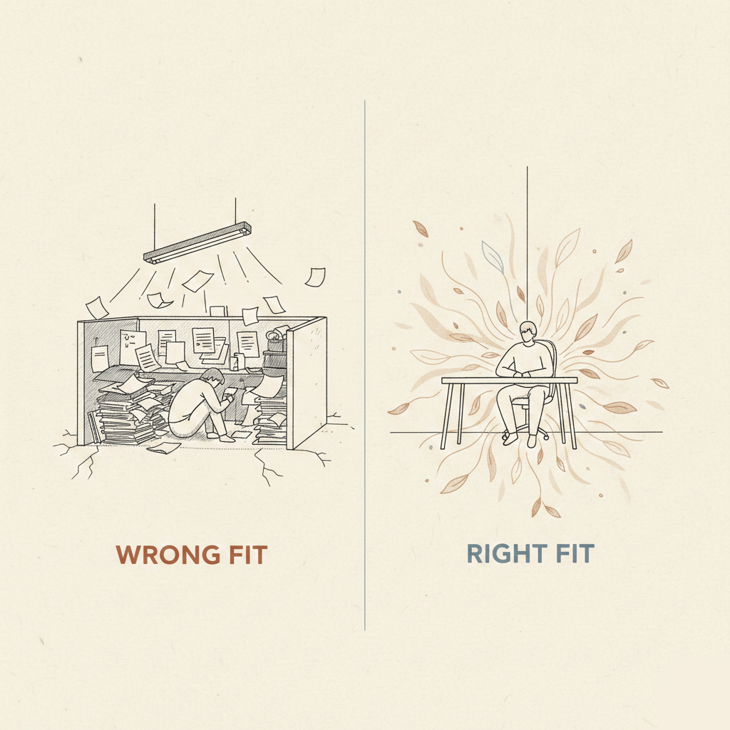 Split-screen illustration titled 'Wrong Fit' and 'Right Fit.' On the left, a cramped, cluttered cubicle causes strain and burnout at work. On the right, a calm, spacious workspace allows an individual to flourish with leaf-like energy radiating outward.