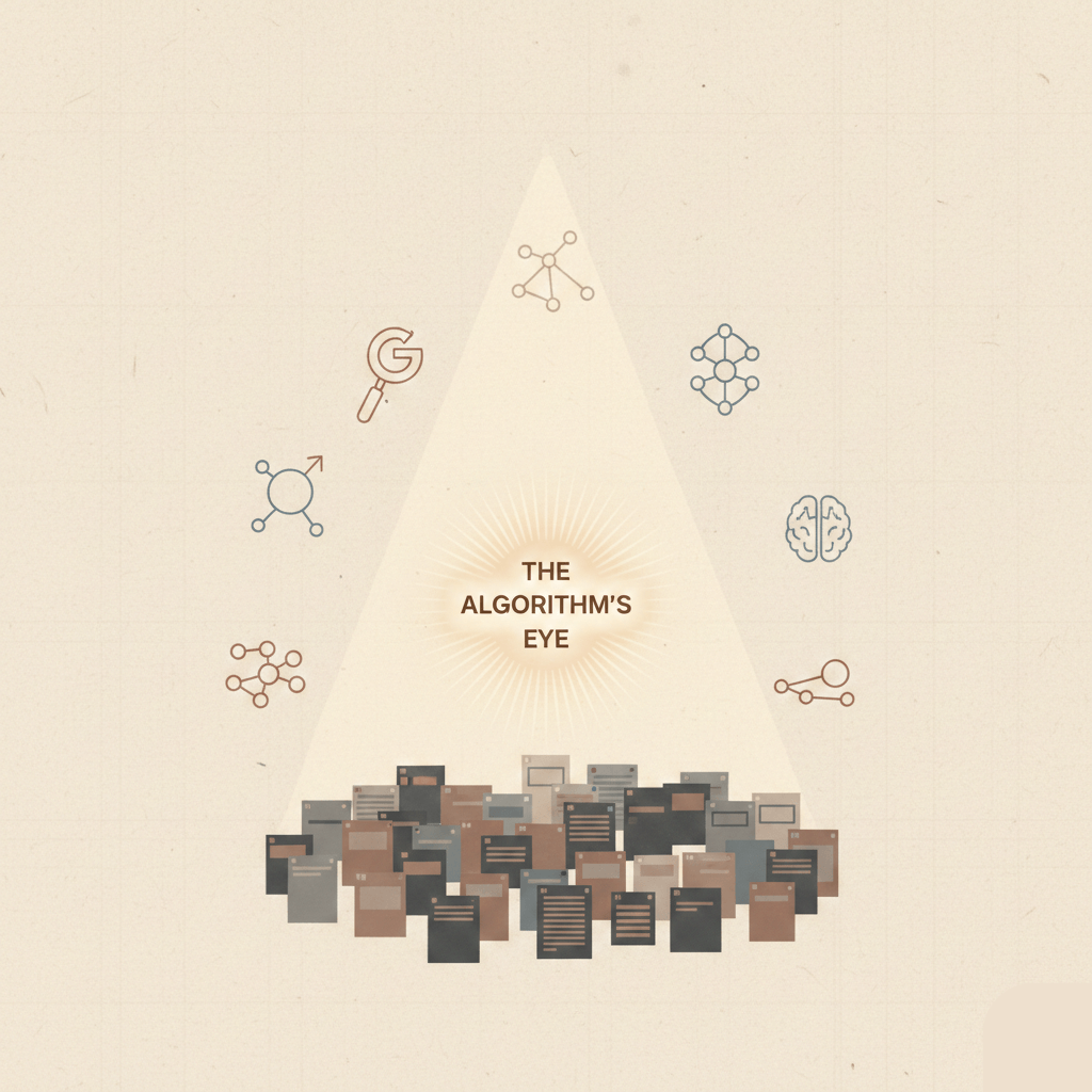Illustration featuring a glowing text snippet centered in the frame. The snippet acts as a spotlight, casting a warm beam downward onto a crowd of dark, faceless content blocks, representing featured snippets rising above standard search results. Icons of AI nodes and a magnifying glass are faintly visible in the background, maintaining a thoughtful, literary aesthetic in a muted cream and charcoal palette.