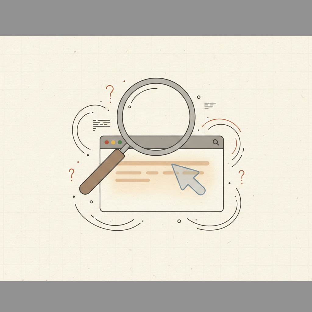 Illustration of a magnifying glass hovering over a glowing search snippet box, where a ghost-like cursor slips through the content to represent the complexities of SEO reporting.