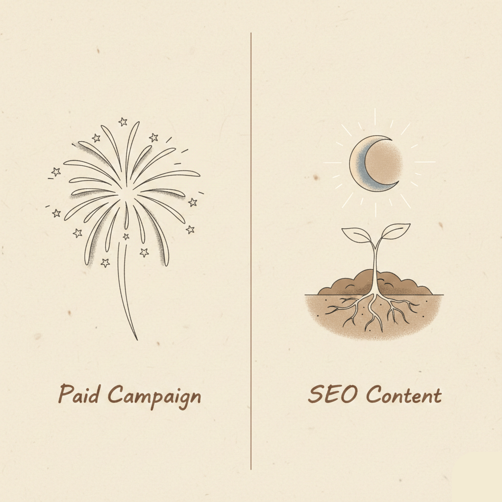 Graphic comparing marketing strategies: on the left, a delicate line-art firework symbolizes a temporary paid campaign; on the right, a small seedling with deep roots grows under a crescent moon, illustrating how to grow your email list with SEO content through sustainable long-term growth.