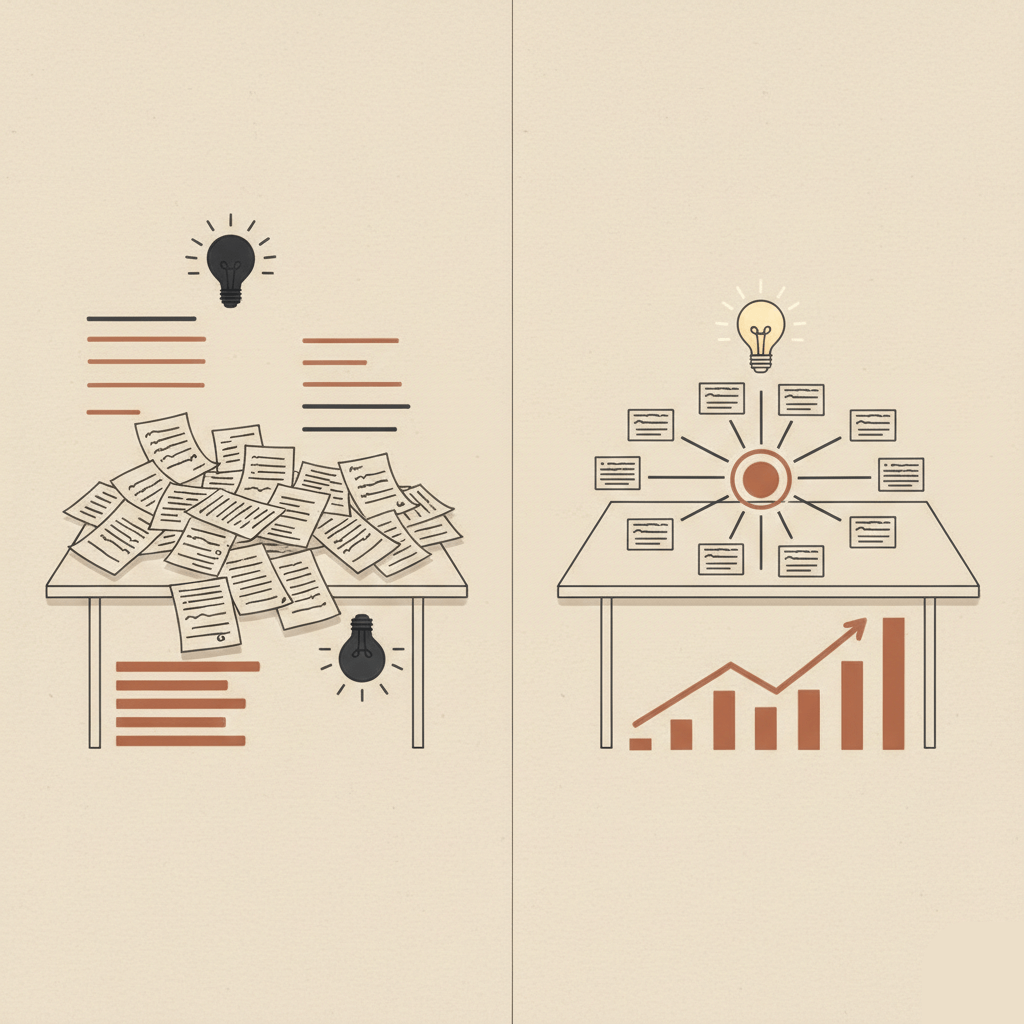 Illustration comparing two desks. The left shows a chaotic pile of papers and flat analytics, while the right depicts an organized strategy using content clusters to drive a significant spike in performance.