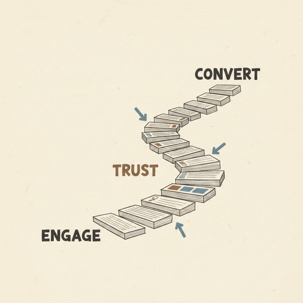 Illustration showing a winding staircase made of blog posts that grow thicker to illustrate the best blog length for growth.