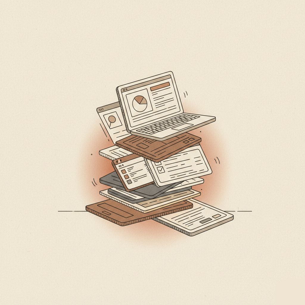 Illustration of digital interfaces and course dashboards stacked like physical papers, appearing as metaphorical Black Friday ads.