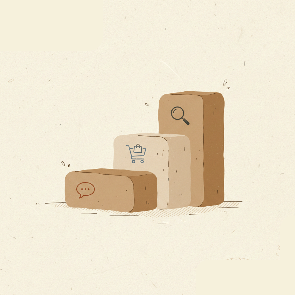 Illustration featuring three neutral-toned blocks of varying heights, symbolizing the steps of growing a small business. Each block displays a minimalist icon representing organic visibility: a chat bubble for communication, a shopping cart for commerce, and a magnifying glass for search.