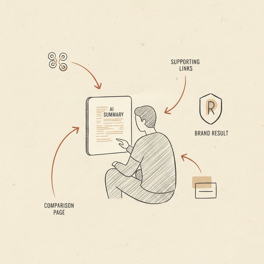 Graphic shows a seated figure interacting with an AI summary on a screen. Arrows connect the central summary to symbolic representations of supporting links, brand results, and a comparison page, illustrating AI search optimization and the flow of digital information.