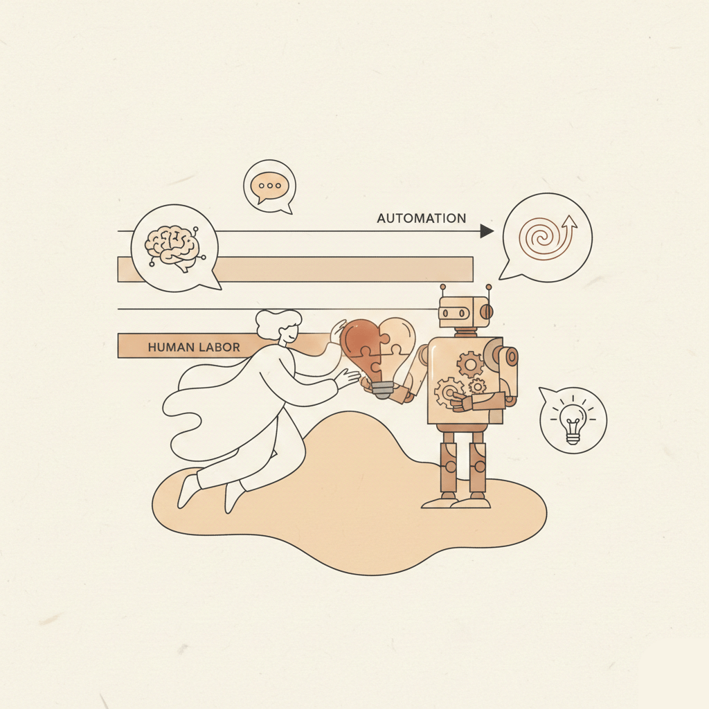 Illustration featuring digital age floating on a warm cloud, collaborating with a robot. They are piecing together a heart-and-lightbulb puzzle, symbolizing the intersection of human emotion and artificial intelligence. Soft line-art bubbles with icons for ideas and chat surround them, while background bars contrast human labor with rising automation.