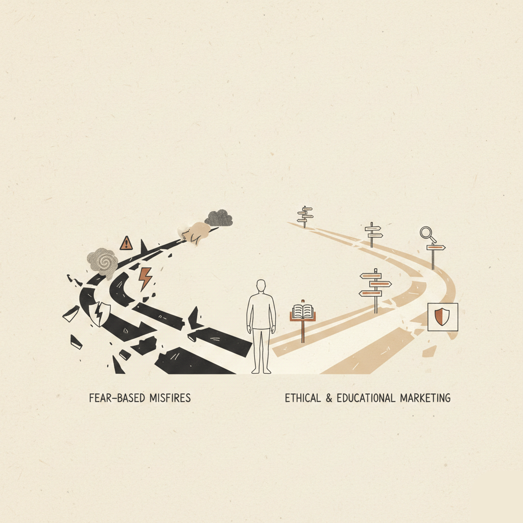 Struggling with Fear-based Ads? Ethical Strategies Inside Illustration showing a human figure at a crossroads. To the left, a jagged, dark path filled with fractured shapes and storm clouds represents fear-based marketing. To the right, an illuminated, structured path with symbols of a book, shield, and magnifying glass represents ethical, educational marketing.