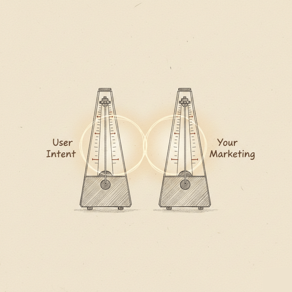 Graphic featuring two metronomes labeled "User Intent" and "Your Marketing." As they swing in synchronization, a soft warm glow emerges between them, symbolizing the strategic alignment of an online presence.