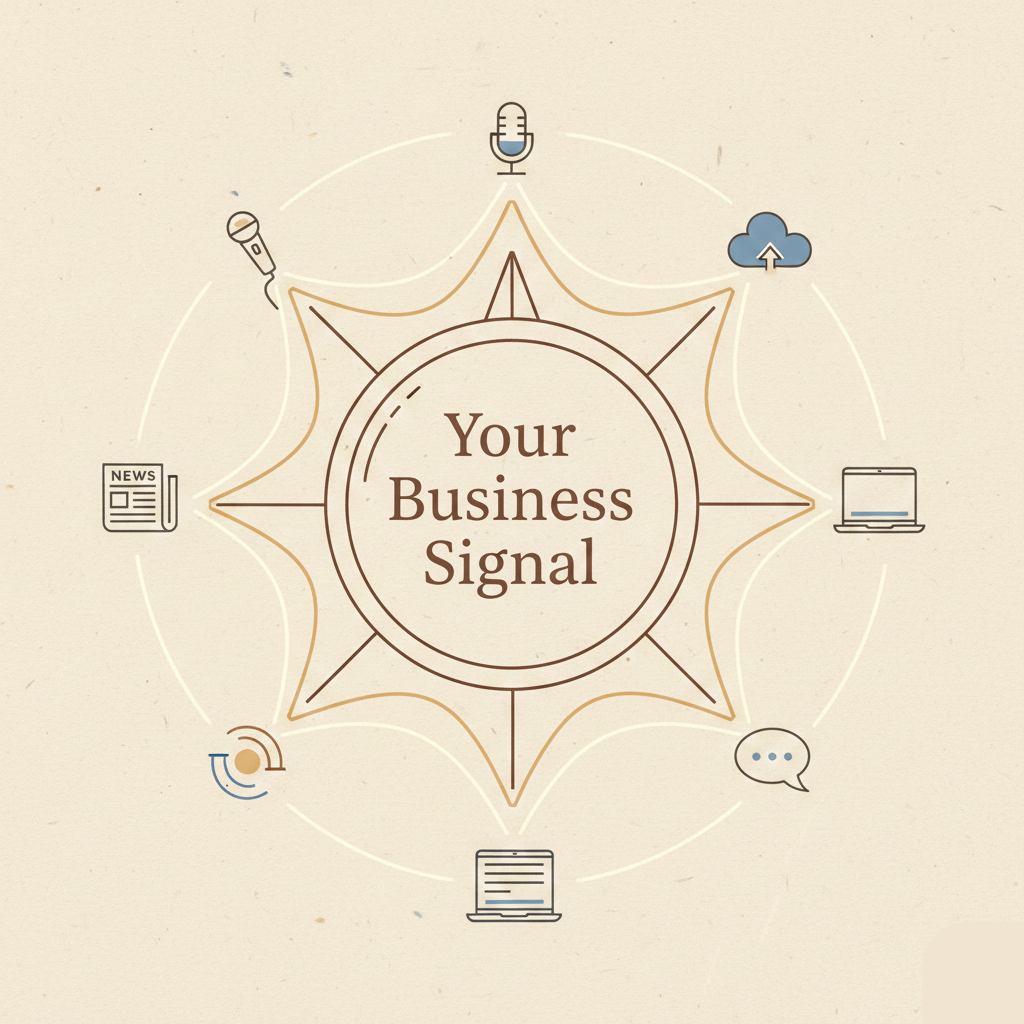 Illustration featuring a central circular emblem labeled "Your Business Signal." Thin monoline art depicts rays extending outward to various media icons—a microphone, newspaper, and laptop—visualizing the reach of small business media marketing through signal amplification.