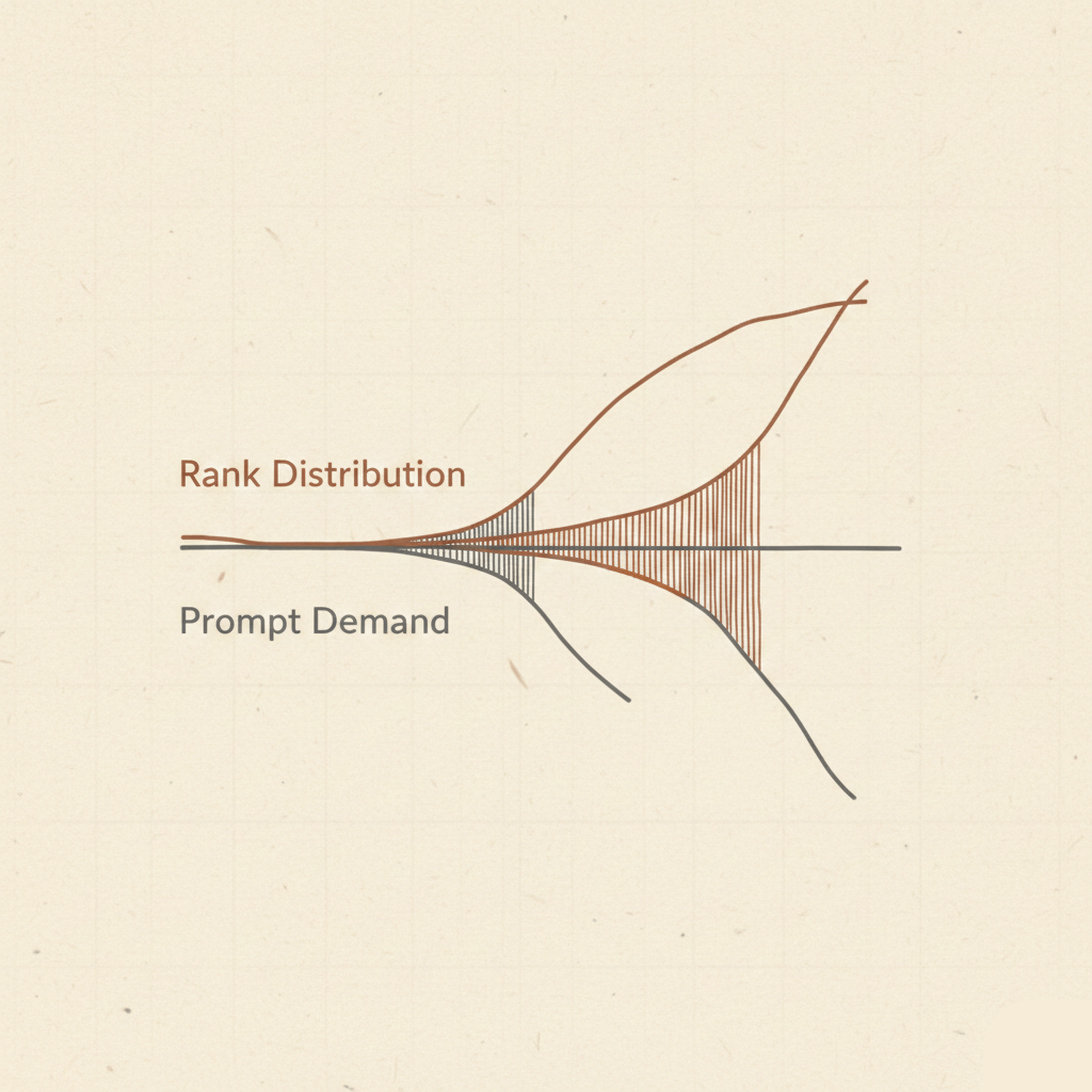 Illustration of a mirrored log-scale chart. A top curve labeled "Rank Distribution" and a bottom curve labeled "Prompt Demand" overlap at their long tails, analyzing trends in ChatGPT traffic.