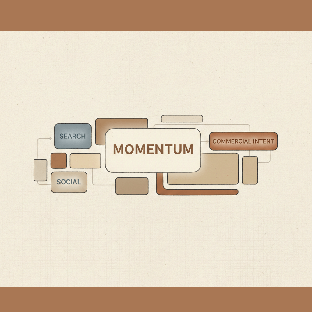 Illustration of a modular dashboard. Labeled blocks like "Momentum," "Search," and "Commercial Intent" represent a growth trend.