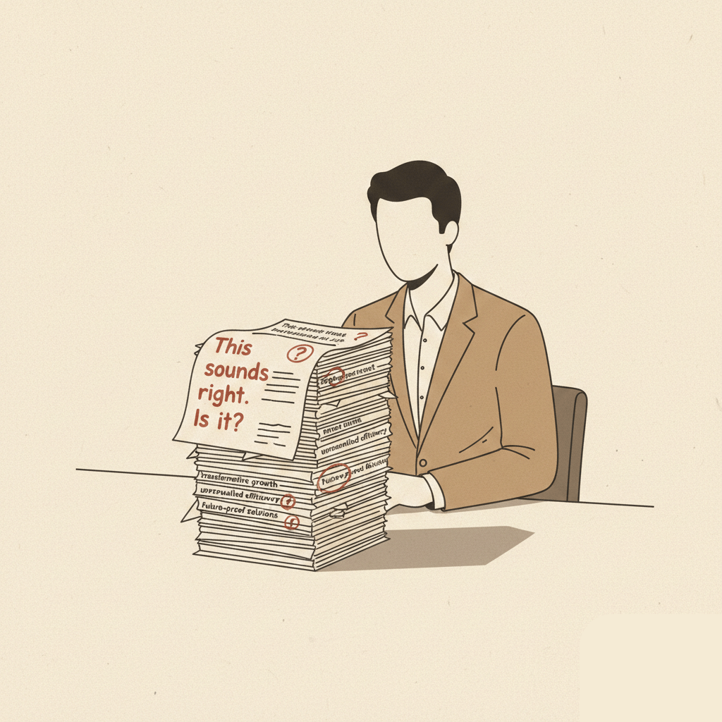 Illustration featuring a figure in a tan blazer seated at a desk. They are carefully reviewing a tall stack of papers filled with text and aggressive red editorial markings. A prominent margin note reads, "This sounds right. Is it?", highlighting the critical need to evaluate AI output for subtle logical gaps and inflated claims.