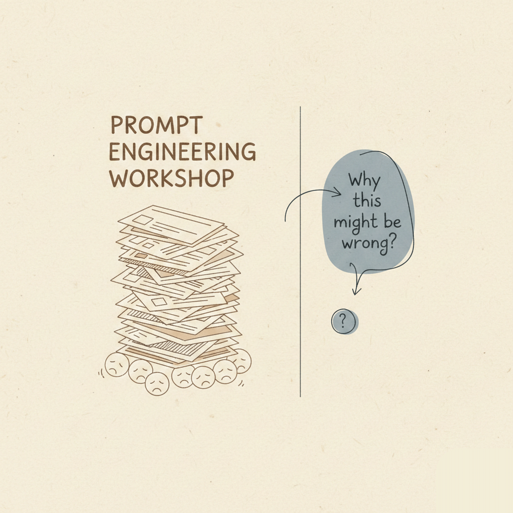 On the left, a heavy stack of slides titled "Prompt Engineering Workshop" sits above several small, weary faces, representing the burnout of traditional ai adoption strategies for small businesses. On the right, a thin vertical line separates a simple annotation bubble that asks, "Why this might be wrong?" next to a small question mark.