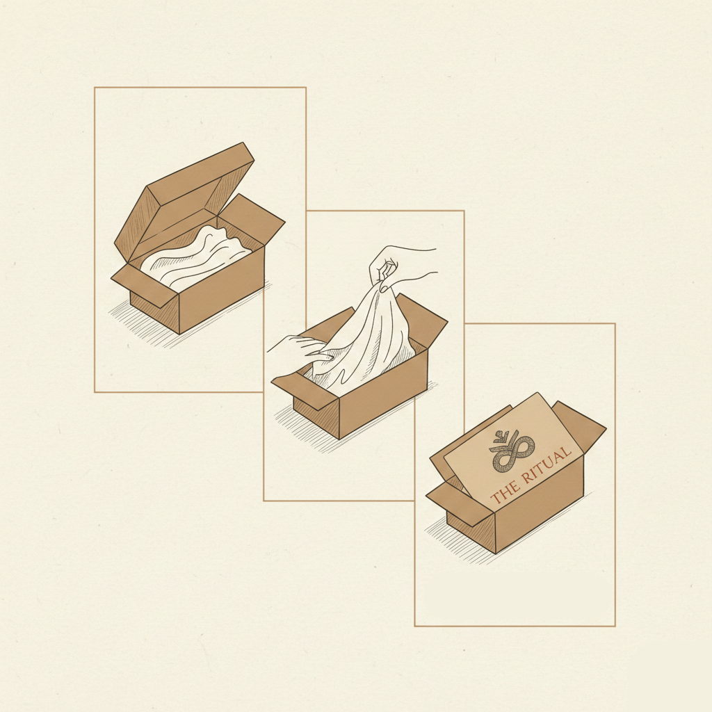 Illustration on textured parchment paper featuring three staggered frames in a triptych style. The sequence depicts the process of good packaging being opened: the first frame shows a box with its lid lifted, the second shows a hand gently peeling back tissue paper, and the final frame reveals a ritual card with a symbolic knot.