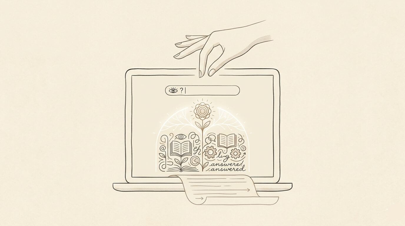 Graphic showing a drawing of a laptop. A stylized hand rests above a search bar, while the screen displays a detailed, symbolic floral crest representing an expanded answer, illustrating the concept of AI visibility measurement and the "zero-click" search experience.