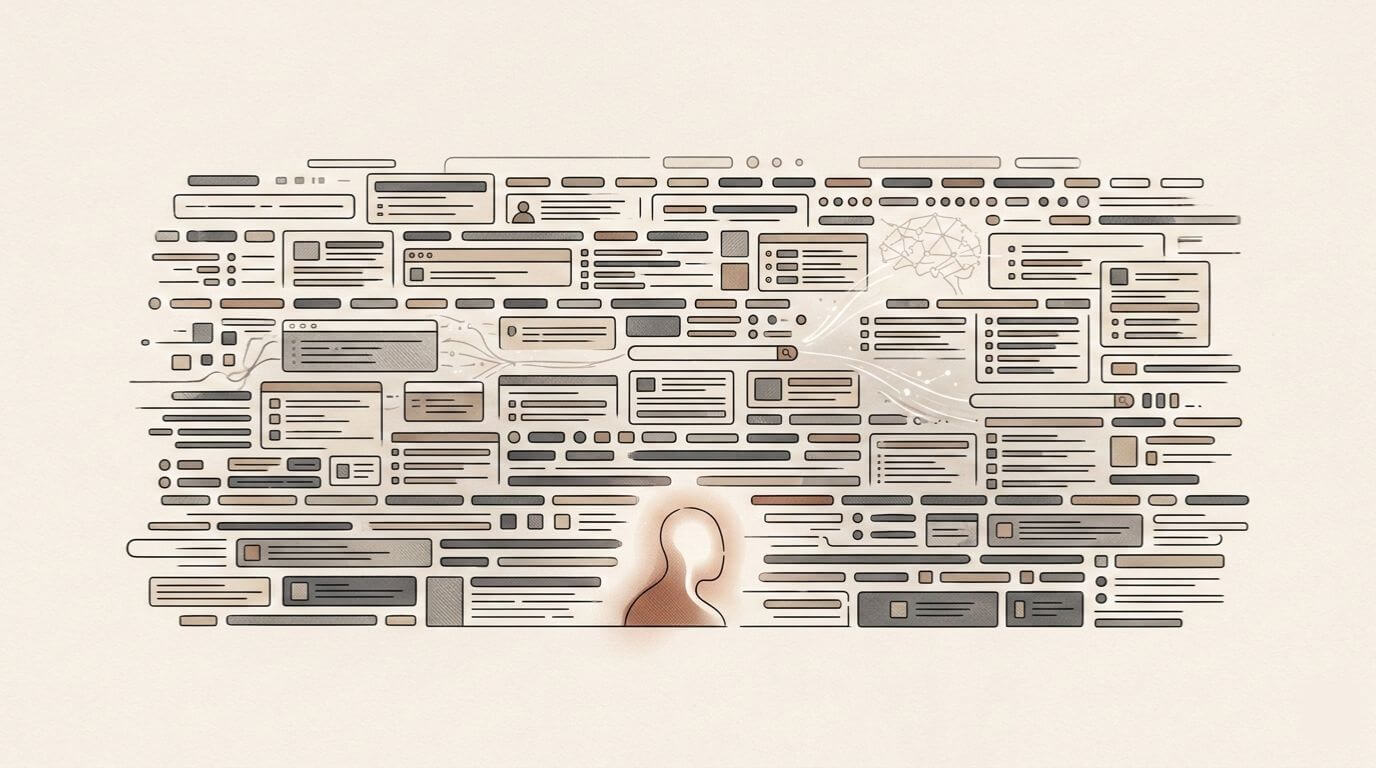 LLM vs Google Search Results and Why You’re Not Invisible YET Graphic depicting the tension of LLM vs Google search results. A dense, centered cluster of search snippets and data boxes represents a crowded digital landscape. In the lower center, a single abstract human profile glows, subtly emerging from the noise while neural light trails connect the surrounding results.