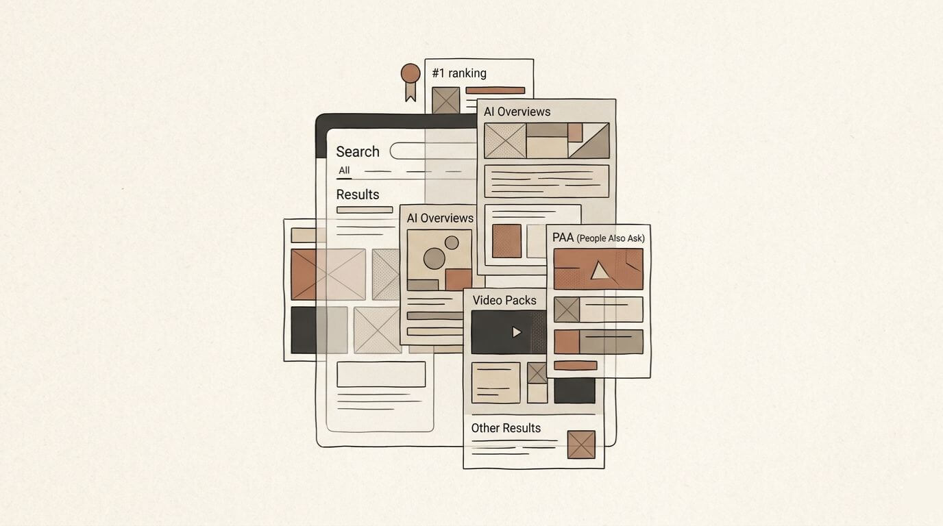 How SERP Features Tracking Tools Mislead Teams and What to Do About It A graphic showing a stylized search results page obscured by a chaotic stack of blocks. The layers, labeled as AI overviews, PAA, and video packs, bury a #1 ranking to represent the complexity of using SERP features tracking tools in a crowded digital landscape.