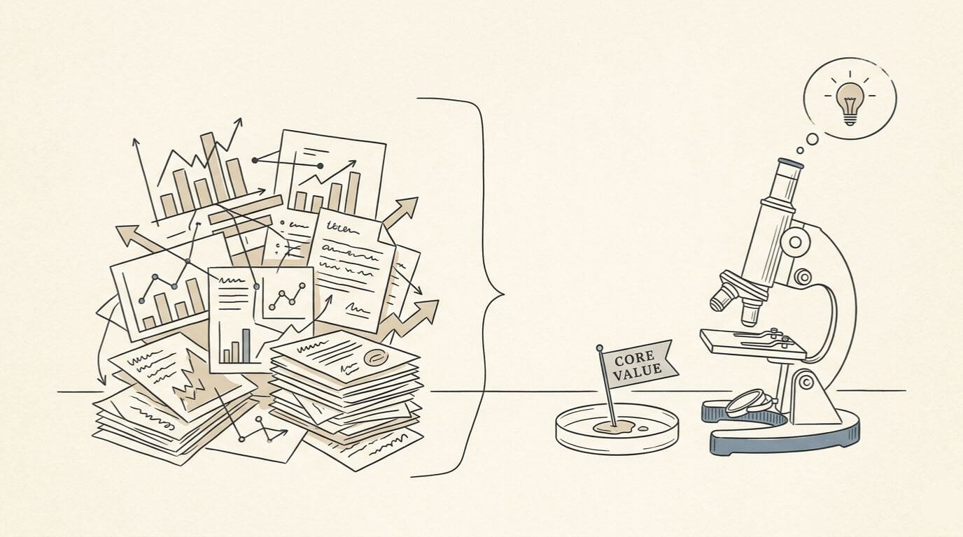 A graphic comparing a chaotic pile of SEO charts and documents to a microscope focused on a single petri dish labeled "Core Value," symbolizing search intent testing for niche topics.