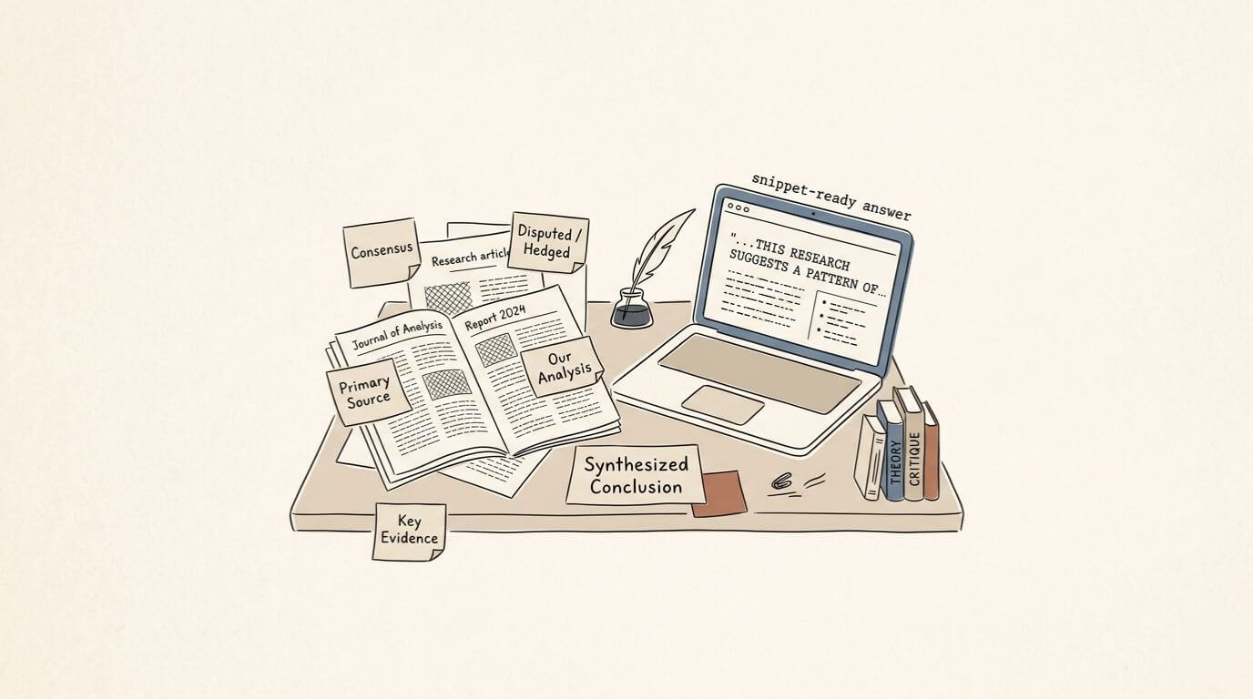 Graphic showing a desk cluttered with open research journals, a quill, and sticky notes labeled "Consensus," "Our Analysis," and "Disputed / Hedged." A laptop screen shows a highlighted "snippet-ready answer," representing the process of synthesizing complex research into the single best answer.