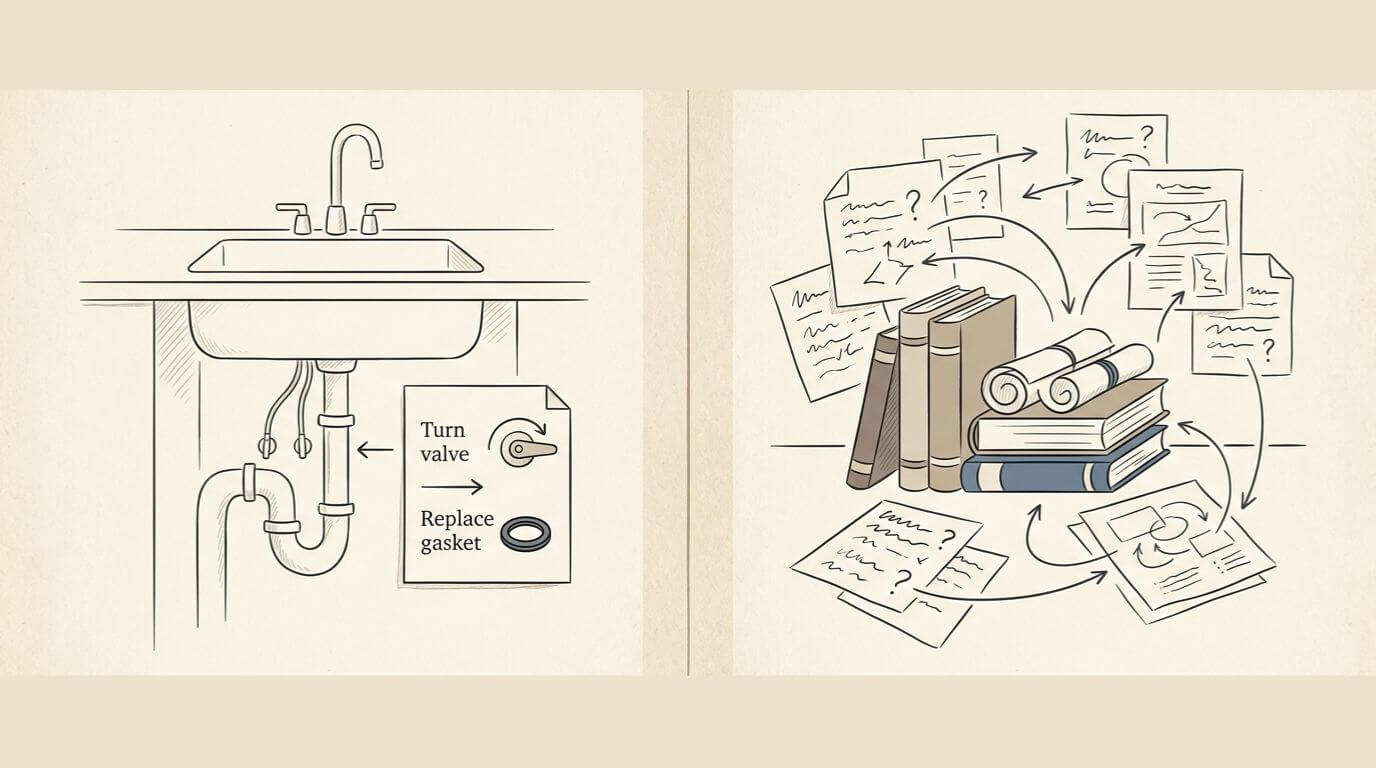 Why Some Niche SEO Verticals Feel Ignored (Even If Their Content Is Better) A graphic comparing two workflows. On the left, a simple diagram of a sink with a linear repair guide. On the right, a complex array of books, arrows, and scribbled notes illustrating the deep research required for niche SEO verticals.