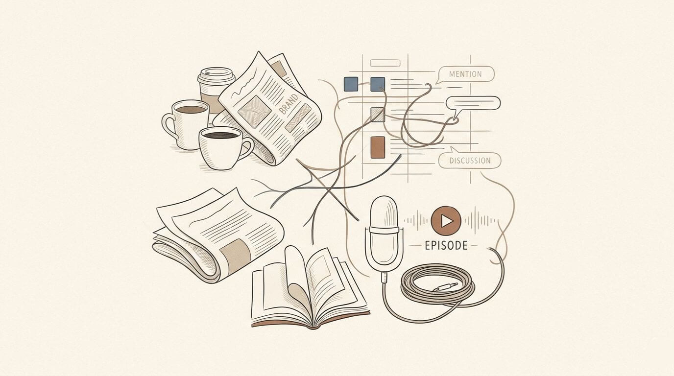 Graphic showing a collage of symbolic conversation elements—coffee cups, a podcast microphone, and digital forum layouts—to represent the value of brand mentions vs backlinks in an analytical context.