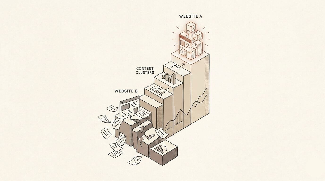 Graphic depicting two websites on an isometric staircase. Website A is at the top, supported by structured blocks representing topical authority in SEO through content clusters. Website B is at the bottom, surrounded by scattered, disconnected pages.