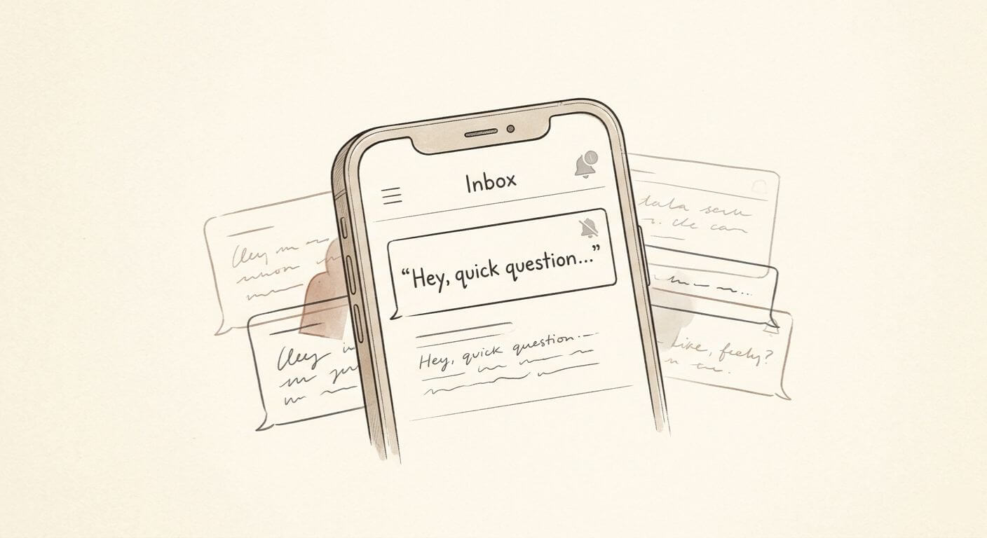 A graphic showing a close-up of a smartphone screen displaying an inbox. A single message bubble reads "Hey, quick question..." with a muted notification icon, surrounded by faint, ghost-like copies of ignored messages to highlight how to avoid networking mistakes.