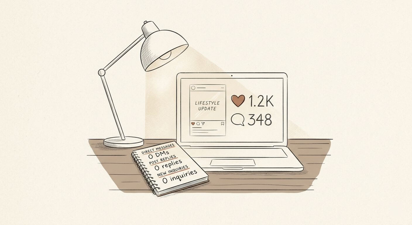 Graphic showing a laptop displaying high social media engagement next to a notebook with zero inquiries, illustrating how to build a personal brand that converts beyond vanity metrics.