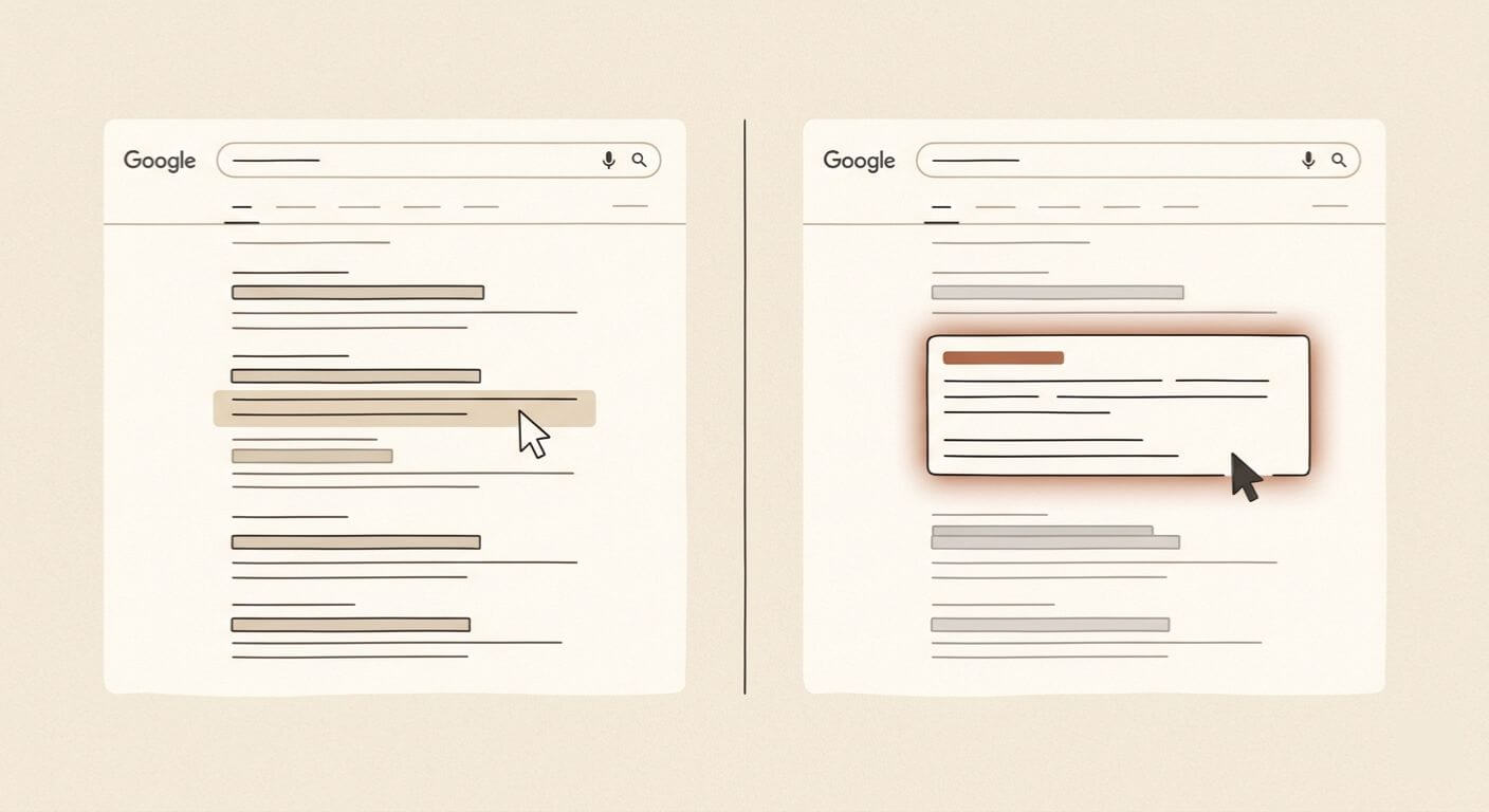 A graphic depicting zero click search trends through a split-screen comparison. The left side shows a cursor hovering over a traditional search result link, while the right side shows the cursor paused as a highlighted snippet box dominates the page, illustrating a user finding information without clicking through to a website.