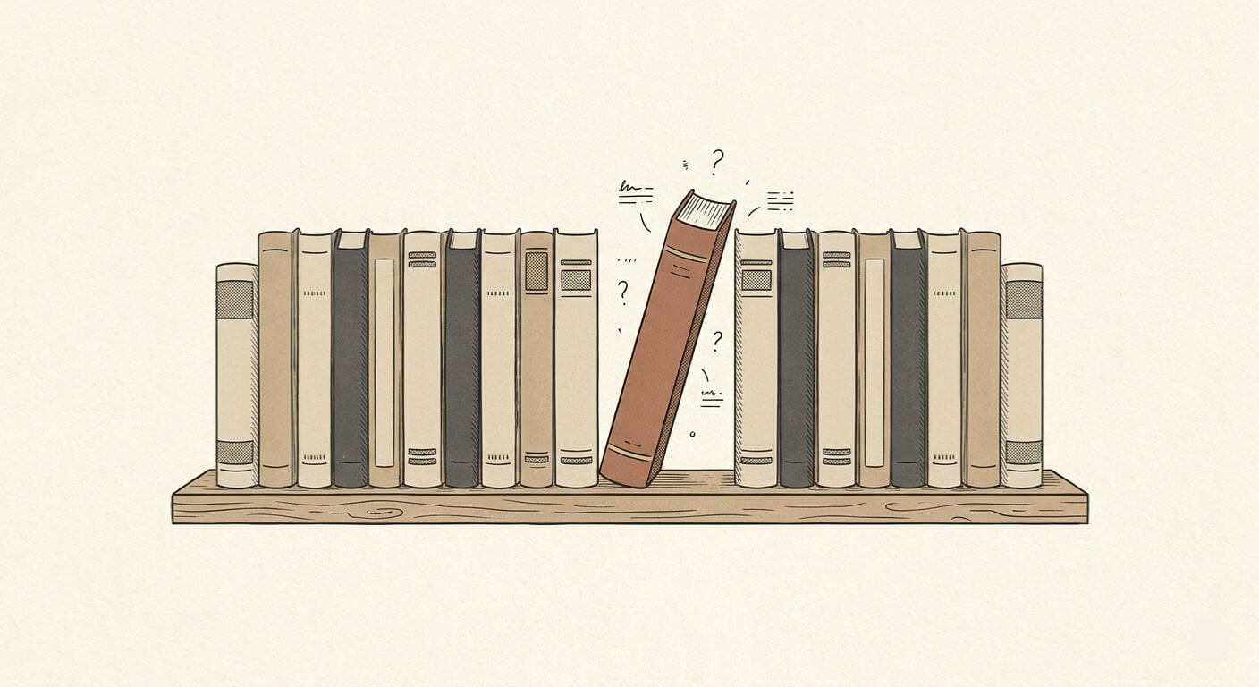 Graphic depicting a shelf of books. The shelf is centered on the page and holds many books with varying heights. One book leans significantly to the right, creating a break in the lineup, standing out.