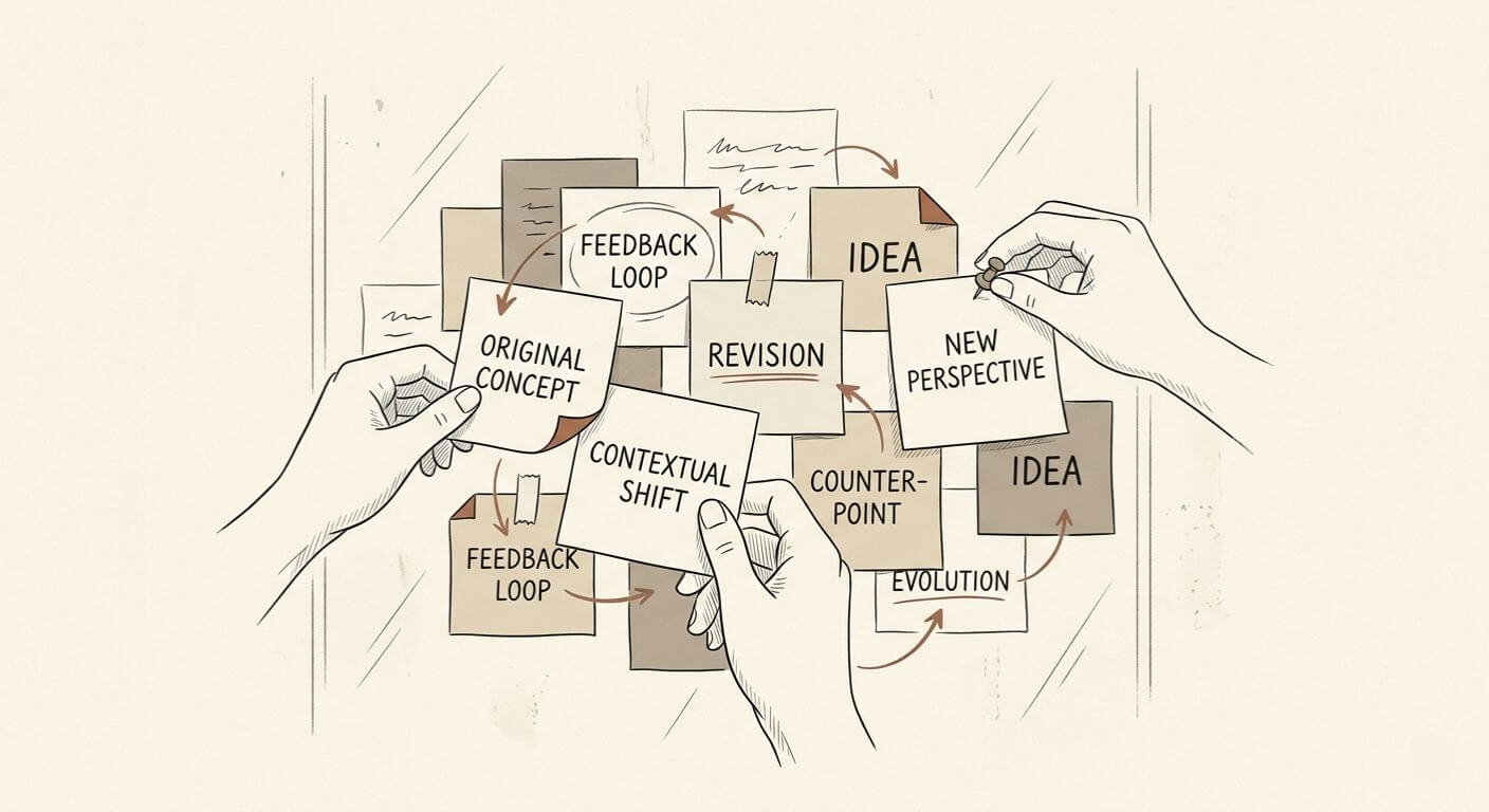 Graphic showing hands organizing sticky notes on a glass wall, symbolizing building with community feedback.