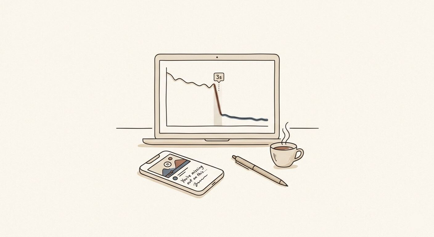 Graphic showing a laptop displaying a video analytics dashboard with a sharp retention drop-off after three seconds. On the desk, a smartphone displays a paused video with a scribbled hook, symbolizing the failure of emotional triggers in short-form video to sustain viewer interest.