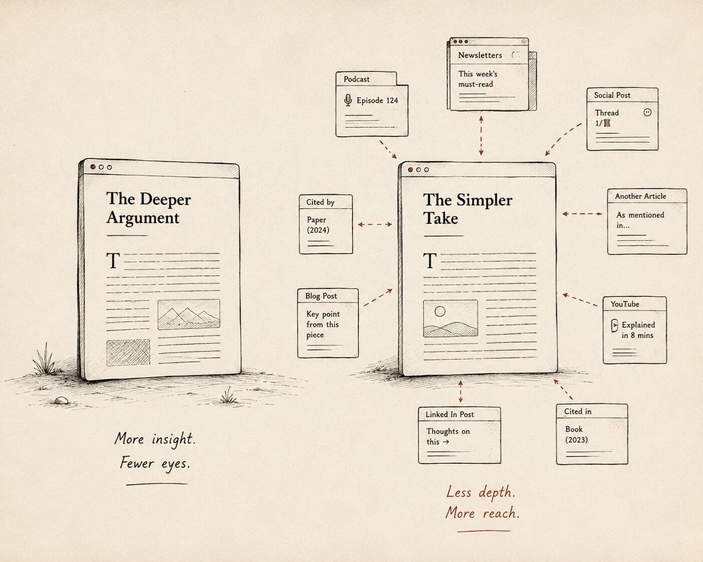 Graphic about search reputation signals showing two articles side by side, one insightful but isolated, the other widely connected through citations, newsletters, podcasts, and social mentions.